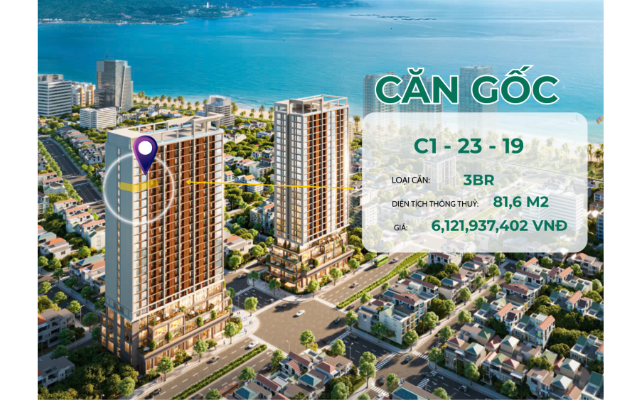 5,25 TỶ - CĂN GÓC 3PN 81,6m2 - view BIỂN + THÀNH PHỐ - chiết khấu 14,5% giá 5,25 TỶ